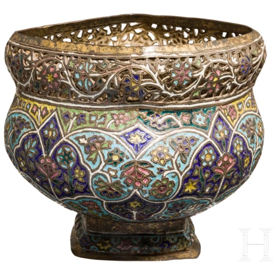 A partially gilt bronze and polychrome enamel bowl, Kashmir, circa 1900