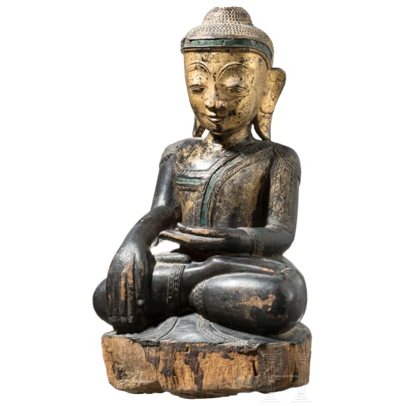 A gilt and black-lacquered Burmese wood figure of Buddha Shakyamuni, 19th century