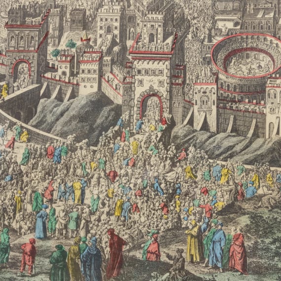 Johann Daniel Herz (1693 - 1754) - Gesamtpanorama der Stadt Jerusalem, kolorierter Druck, 1735