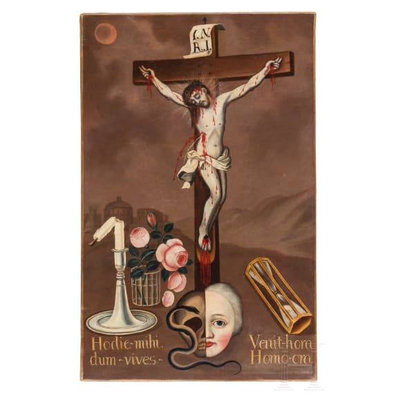 Seltene Memento-Mori-Darstellung mit großem Kruzifix, nordalpin, um 1800