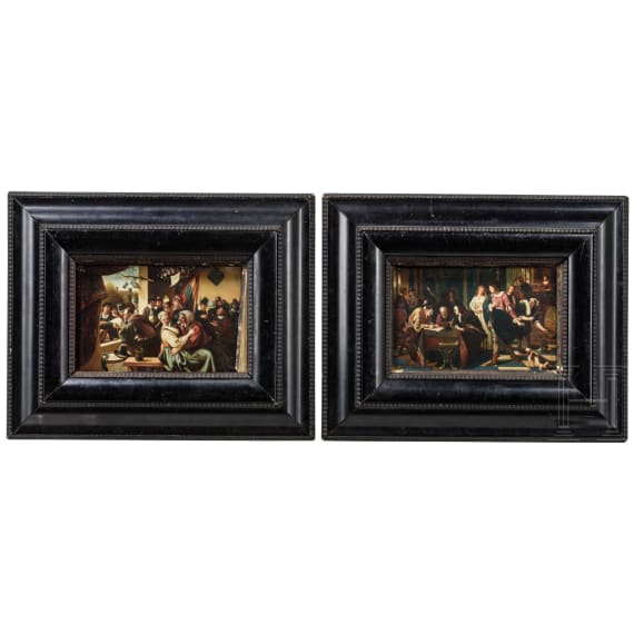A pair of small Flemish paintings in the manner of Jan Steen, 19th century