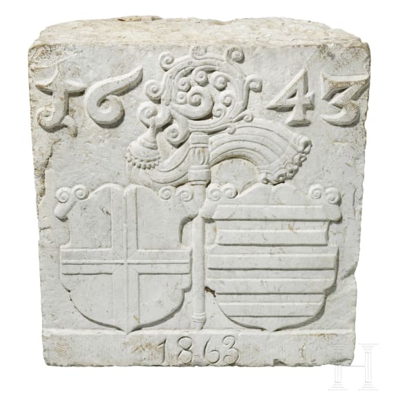 A large carved stone crest from a monastery, area of Paderborn, dated 1643