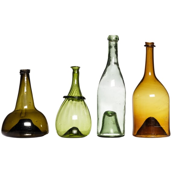 Four Flemish glass bottles, 18th/19th century
