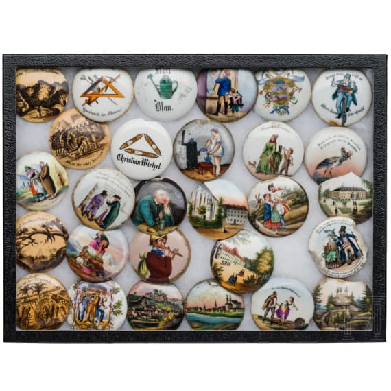 A collection of German porcelain plaques for beer mug lids, mid-19th century