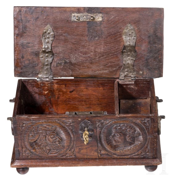 A Dutch oat casket with carved front, 17th century