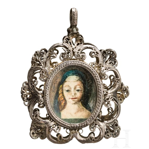A South German silver rosary pendant with picture of St. Mary, 18th century