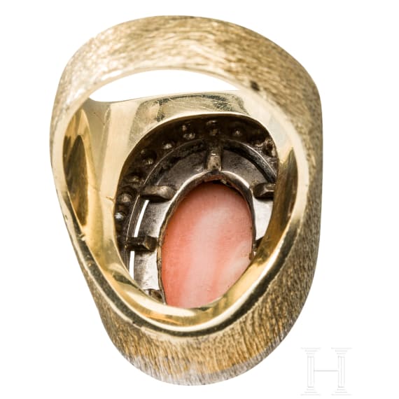 A 14ct gold angel-skin coral and brilliant ring