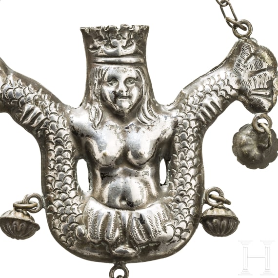 Silber-Anhänger mit Rasseln in Form einer Meerjungfrau, Neapel, Anfang 19. Jhdt.