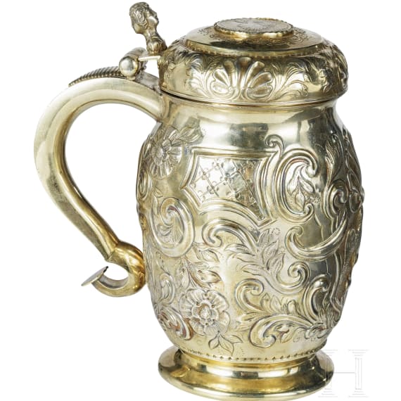 A large Russian silver-gilt lid tankard with coin of Peter II, Moscow, Grigory Ivanov Serebryanikov (Master 1745 - 1768), circa 1750