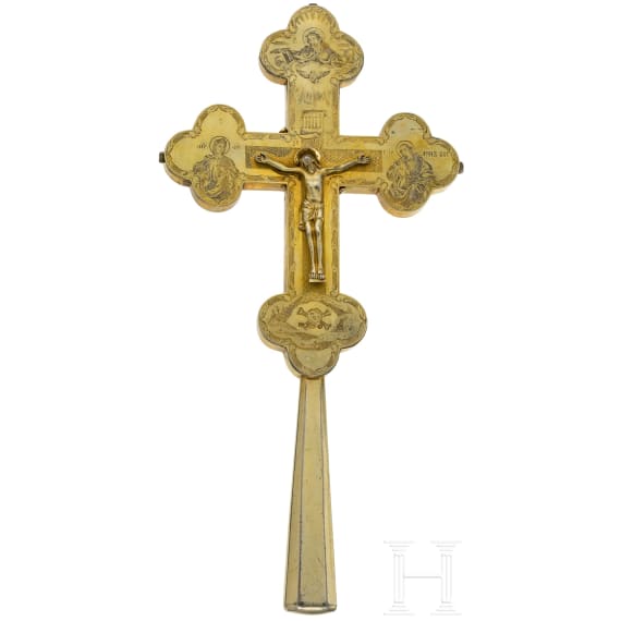 Sehr fein graviertes Vermeil-Kruzifix (Prozessionskreuz), Russland, St. Petersburg, Dmitrij Andrejew, 1848