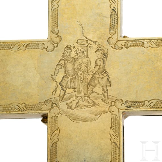 Sehr fein graviertes Vermeil-Kruzifix (Prozessionskreuz), Russland, St. Petersburg, Dmitrij Andrejew, 1848