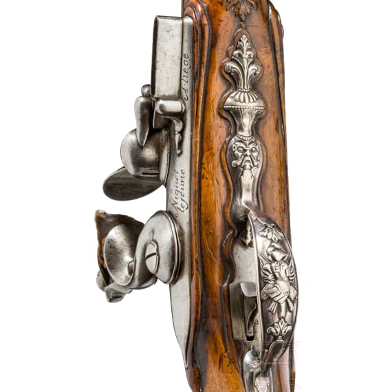 A pair of silver-mounted flintlock pistols, Niquet Lejeune, Liège, circa 1730/40