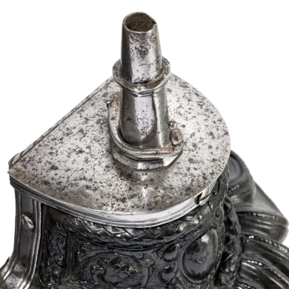 An exceptional Italian boiled-leather powder flask, circa 1580