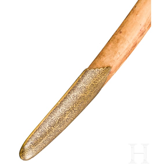 Goldtauschierter Tulwar mit Rückenklinge aus feinem, gemasertem Wootz-Damast, Indien, 1. Hälfte 19. Jhdt.