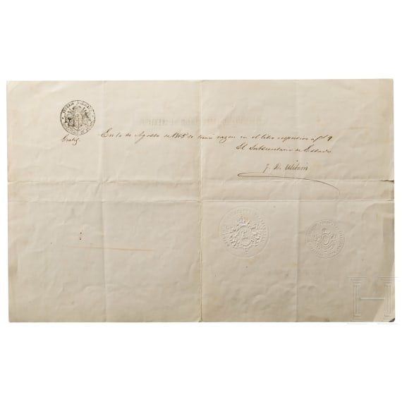 Emperor Maximilian I of Mexico (1832 - 1867) – a hand-signed award document for the officer's cross of the Imperial Order of Guadeloupe, dated 7 August 1865