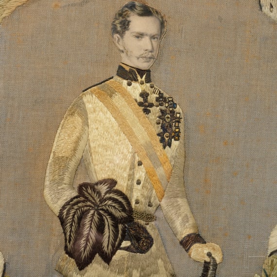 Emperor Franz Joseph I of Austria - an embroidered portrait of the young emperor, circa 1850
