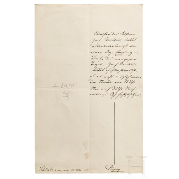 Emperor Franz Joseph I of Austria - a handwritten and initialled reply, dated "Schönbrunn, am 14. Mai 1913"