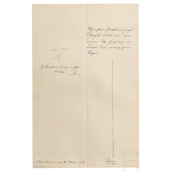 Emperor Franz Joseph I of Austria - a handwritten and initialled reply, dated "Schönbrunn, am 21. März 1914"