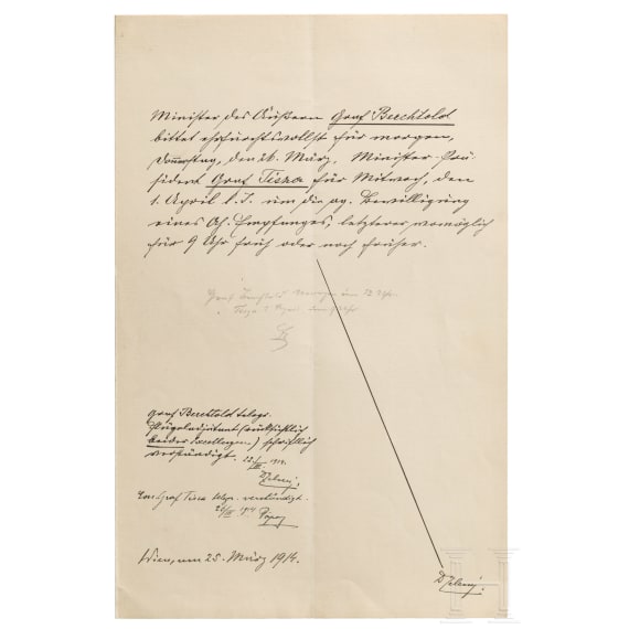 Emperor Franz Joseph I of Austria - a handwritten and initialled reply, dated "Schönbrunn, am 25. März 1914"