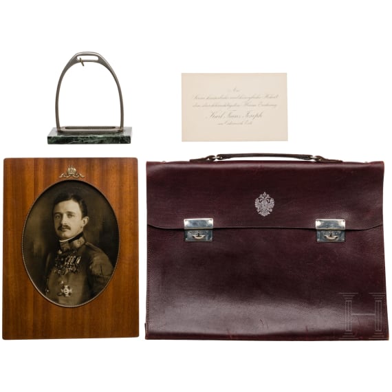 A portrait photo of Emperor Charles I, an envelope, a briefcase and a clock holder, 1st quarter of the 20th century
