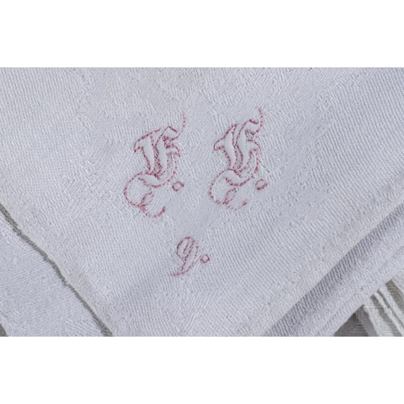 Seven monogrammed cloth napkins, circa 1900