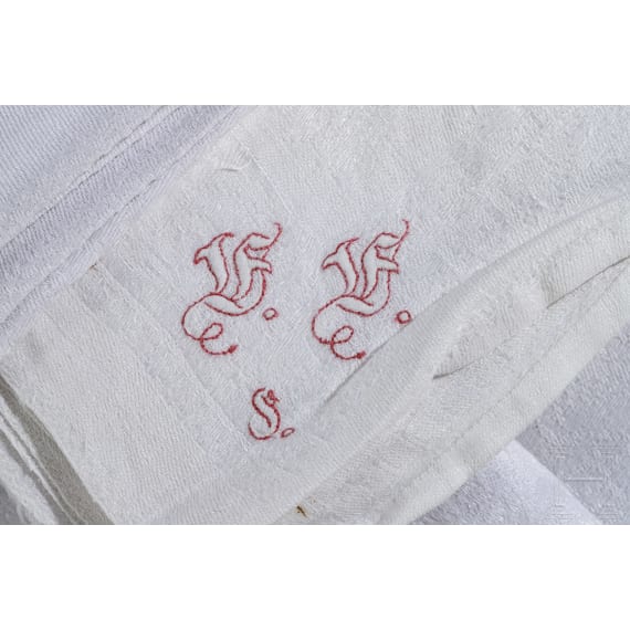 Seven monogrammed cloth napkins, circa 1900