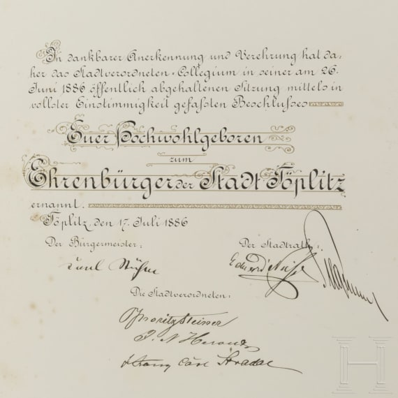 Hermann Hallwich (1838 - 1913) - a luxurious honorary citizenship document, 1886