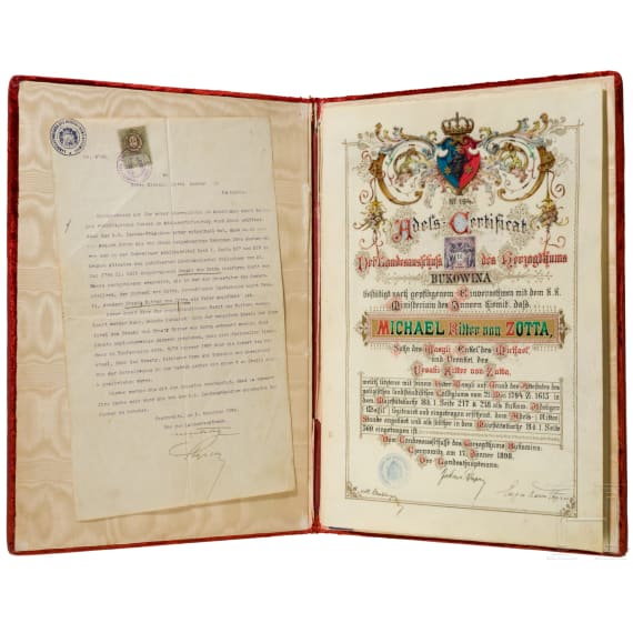 A certificate of nobility of the Duchy of Bukowina for Michael Ritter von Zotta, 1898