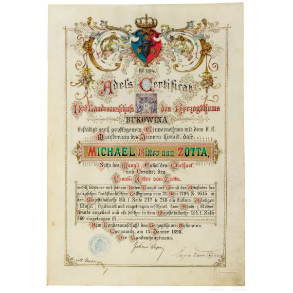 A certificate of nobility of the Duchy of Bukowina for Michael Ritter von Zotta, 1898