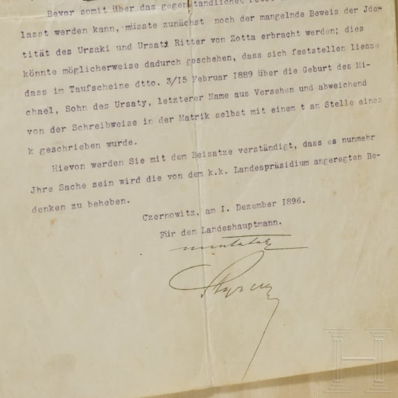 A certificate of nobility of the Duchy of Bukowina for Michael Ritter von Zotta, 1898