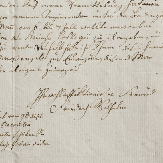 König Friedrich Wilhelm III. (1770 - 1840) - eigenhändiger und signierter Brief als Kronprinz, Oberst und Chef des IR 18 vom "17ten Decbr. 1790"