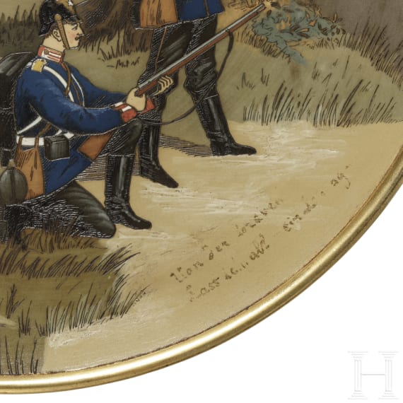 A large wall plate showing the Prussian Guard Infantry, Mettlach, Villeroy & Boch, circa 1880