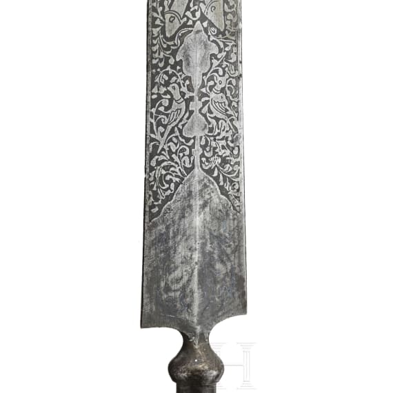 A silver-damascened Persian battle axe and spearhead, 19th century