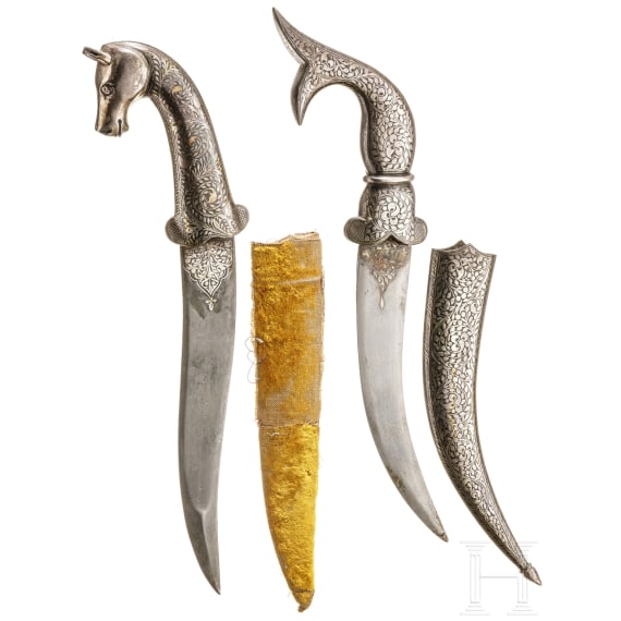Two Indian khanjars with silver-damascened decoration, 20th century