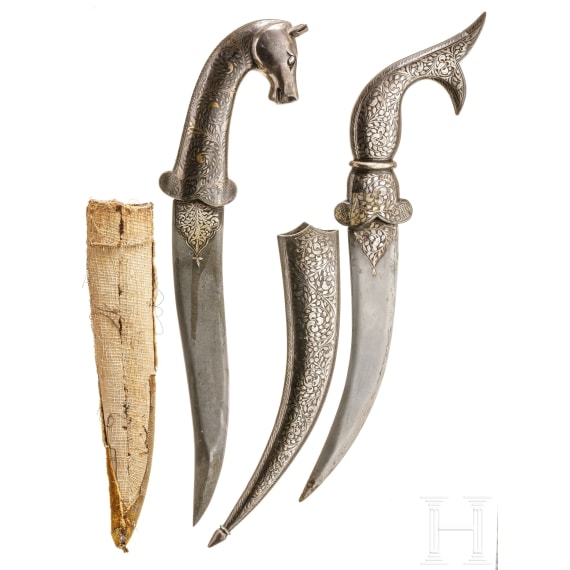 Two Indian khanjars with silver-damascened decoration, 20th century