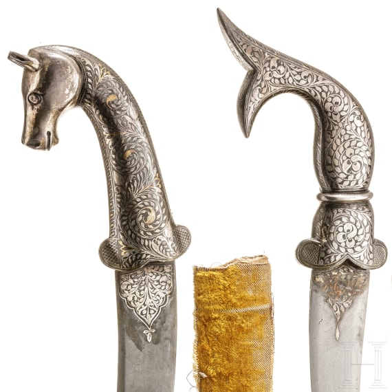 Two Indian khanjars with silver-damascened decoration, 20th century
