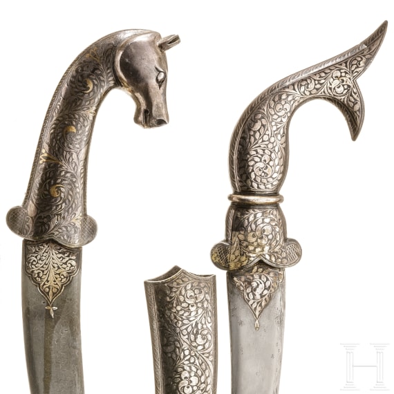 Two Indian khanjars with silver-damascened decoration, 20th century