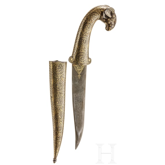 A gold-damascened Indian khanjar with ram's head handle, 20th century