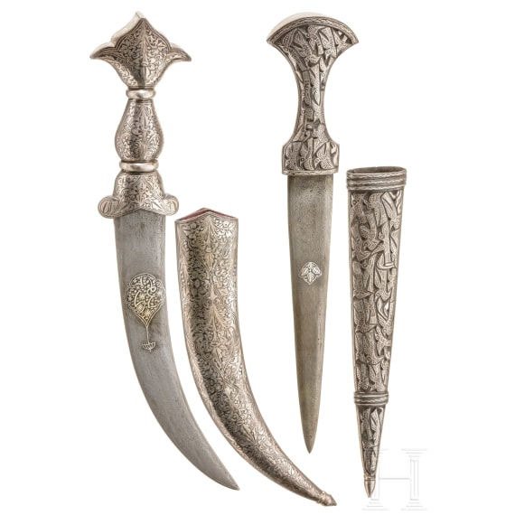 Two Indian silver-damascened daggers, 20th century