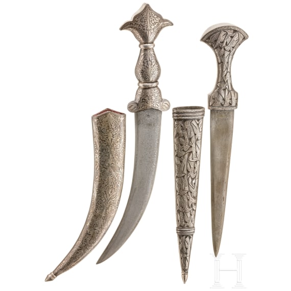 Two Indian silver-damascened daggers, 20th century