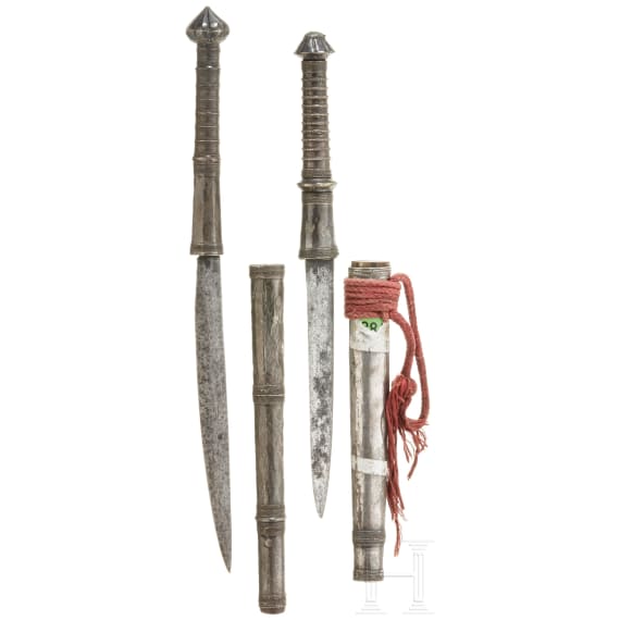Two silver-mounted Burmese dhas, circa 1900