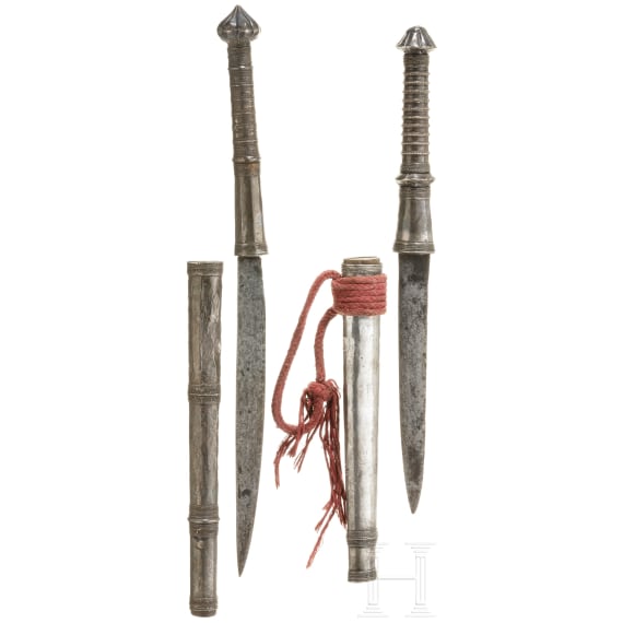 Two silver-mounted Burmese dhas, circa 1900