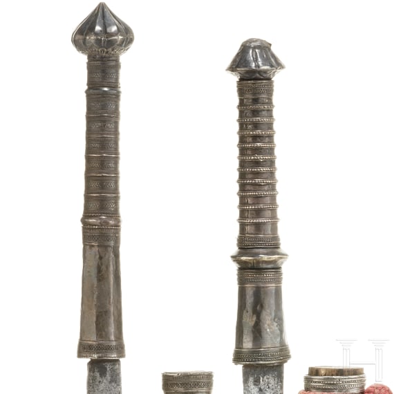 Two silver-mounted Burmese dhas, circa 1900