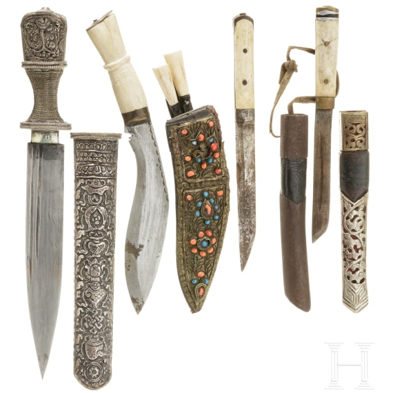 A Nepalese Khukuri, Dughti and two small knives, circa 1900