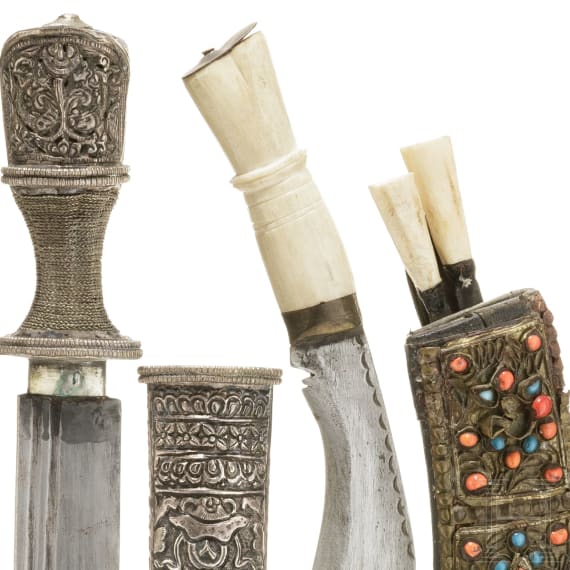 A Nepalese Khukuri, Dughti and two small knives, circa 1900