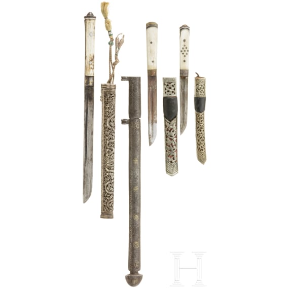 Two lothi, a Tibetan knife and a Chinese scabbard, 19th century