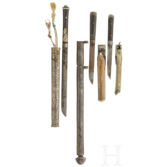 Two lothi, a Tibetan knife and a Chinese scabbard, 19th century