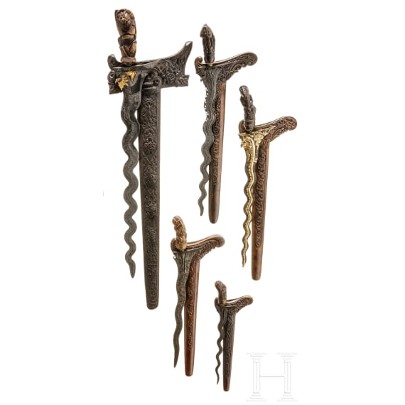 Five Indonesian kerises and a stand, 20th century