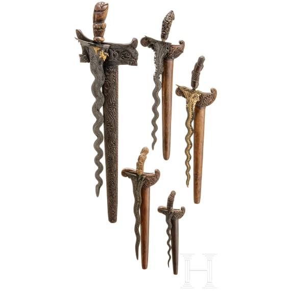 Five Indonesian kerises and a stand, 20th century
