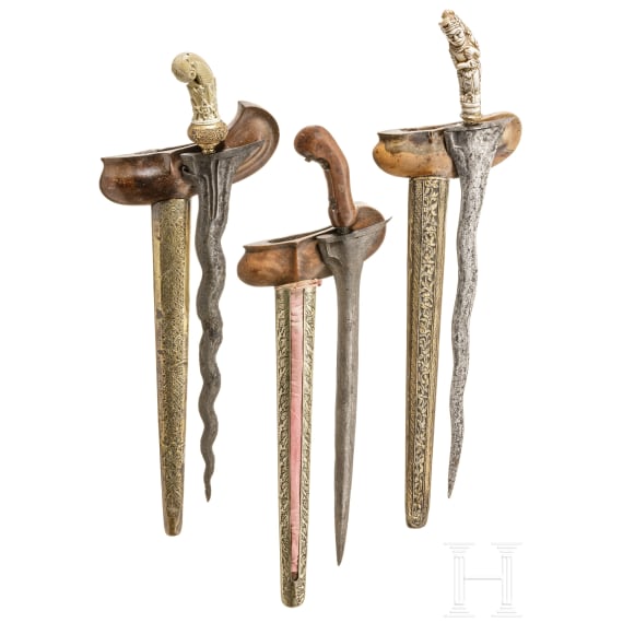 Three Indonesian kerises with handles of bone and wood, circa 1900